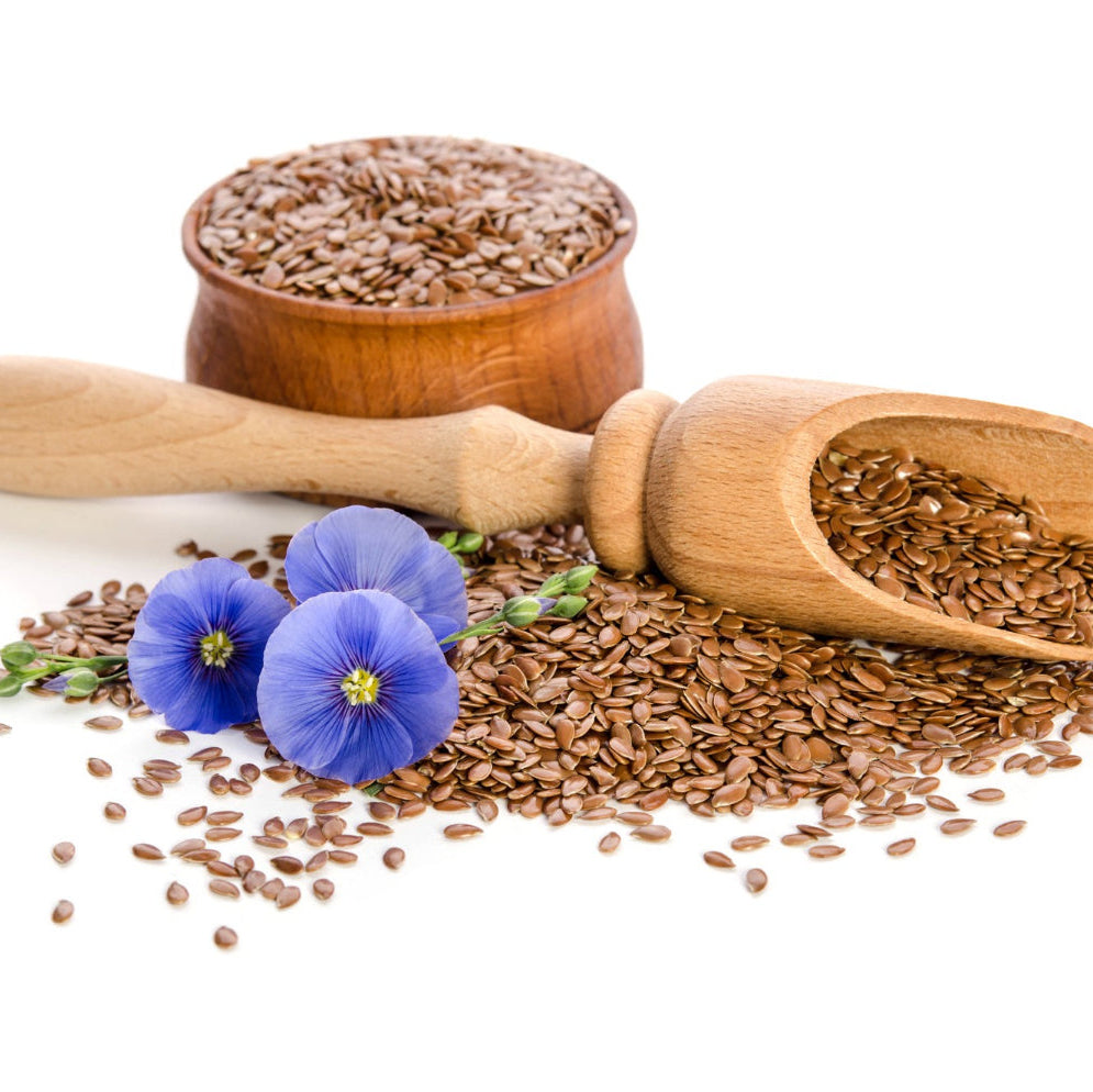 Wooden scoop and container filled with flaxseeds on a white background with blue flowers.